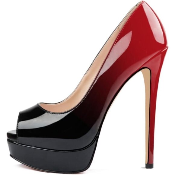 Women's Black and Red Stiletto Heels Shoes Peep Toe Pumps for Wedding Party - Picture 1 of 7